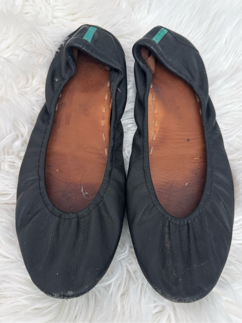 Tieks Black Leather Ballet Flats with Green Heel Tab